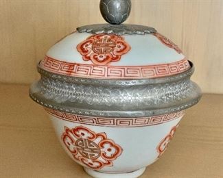 $40 - Lidded porcelain and metal decorative bowl. 6"H x 4.5"D
