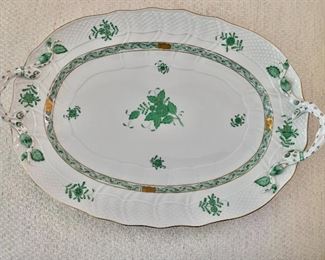 $225 - Herend Chinese Bouquet Green oval platter with handles.  Approx 14" long