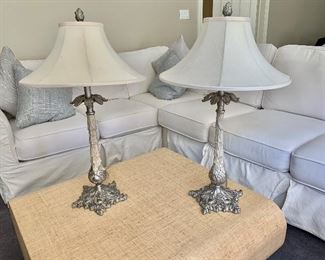 $120 - Pair of (resin base) lamps with (raw silk shades).  Tested and working. 32"H x 18"D