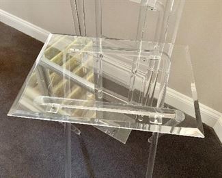 $175 - Set of two lucite tray tables with stand.  Table: 26"H x 20"W x 15"D