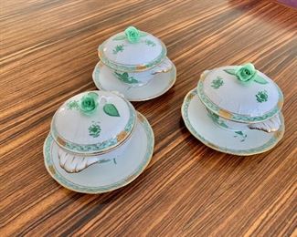 $300 - Lot of 3 Vintage Herend Chinese Bouquet Green Covered Cup with rose lid. 8 oz each.