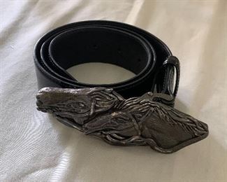 $140 - Ralph Lauren Double Horse Head buckle patent leather belt; made in Italy; Size S / 34 in