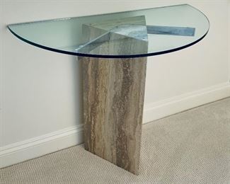 $395 - PROFESSIONAL MOVER  REQUIRED.  VER Y HEAVY! Glass top stone base demilune.  Condition consistent with age and use. 30"H x 39"W x 19.5"D