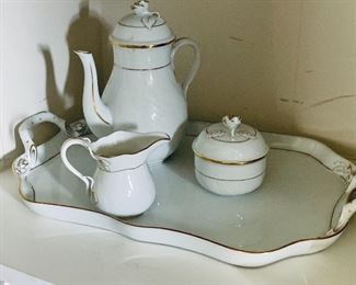 $340 - Herend “Golden Edge” Coffee pot, cream, sugar and serving tray; like new