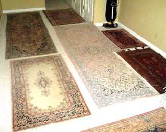 Two oriental wool hand knotted runners, Silk prayer rug, one  turkish and a Kerman Rug.
