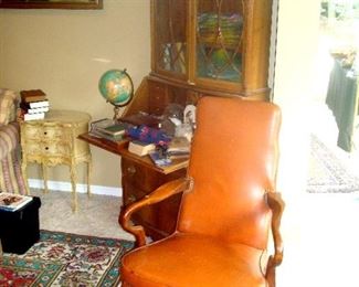 Antique fall front secretary desk and leather chair. ( secretary needs one side door glass replaced)