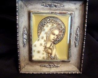 Antique porcelain icon in coin silver frame.