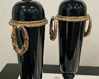 #29 $90 Pair of black reproduction black porcelain decorative urns