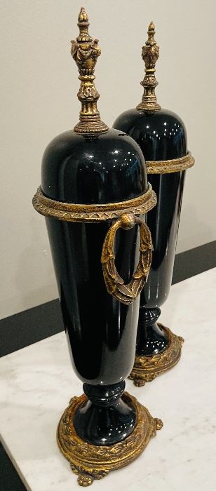 $90 Pair of black reproduction black porcelain decorative urns