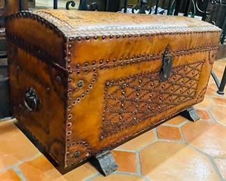 #34 -$375 Leather tooled and nailheads trunk purchased in the 1970's in Madrid Spain • 22high 37wide 17deep