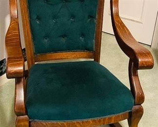 #55 - $ 350  Antique Empire tiger oak rocker armchair • 37high 28wide 34deep				
