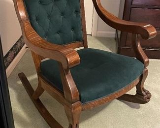 #55 - $ 350  Antique Empire tiger oak rocker armchair • 37high 28wide 34deep	