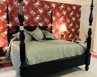 #61 - $1,200 -  Black king size four poster bed with newer memory foam mattress  • 84high 84wide 94long