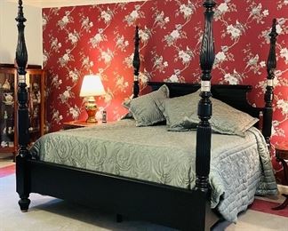#61 - $1,200 -  Black king size four poster bed with newer memory foam mattress  • 84high 84wide 94long