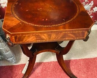 #62 -  $350   Pair of side table with leather tops (damages in leather & scratches on table tops) • 28high 25wide 25deep  

