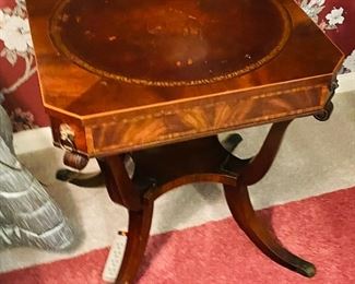 #62 -  $350   Pair of side table with leather tops (damages in leather & scratches on table tops) • 28high 25wide 25deep  