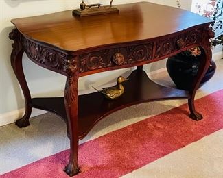 #64 - $495  Antique Tiger Oak carved desk with lion faces and bonus chair   • 29high 48wide 30deep
