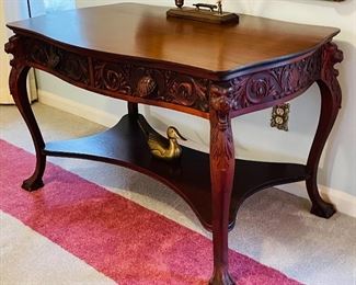 #64 - $495  Antique Tiger Oak carved desk with lion faces and bonus chair   • 29high 48wide 30deep