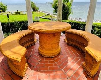 #97 - $395 Lightweight patio set Corinthian column table and bench set • 30high 40 across
Bench footprint  • 30high 70wide 18 high