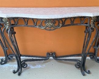 #128 - $150 Console iron and composite top (top has multi cracks and repairs)  • 42high 63wide 22deep	