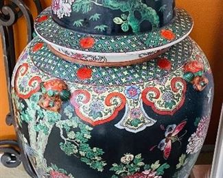 #129 -  $895   Pair of black and red Oriental tall covered lid ginger jars
