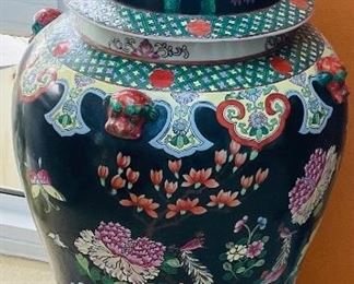 #129 -  $895   Pair of black and red Oriental tall covered lid ginger jars