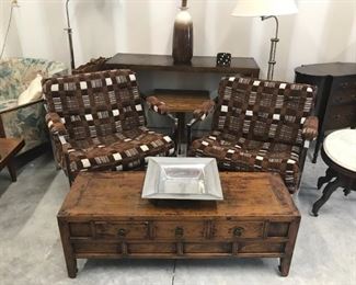 (2) Mid century contemporary modern chrome tubular chairs. Great condition, appropriate for age $450. Solid wood 3-drawer table $150. Sofa table behind chairs $20.