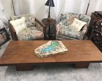 Solid wood low profile coffee table $65, pair of accent chairs $60, center oval wood table $10,
