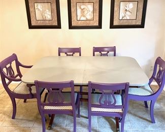 Antique lyre base dining table with painted top (no leaves) 42 x 62 shown with set of 6 hand painted vintage lyre back chairs 18 x 16 x 34