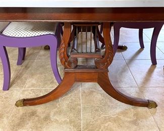 Antique lyre base dining table with painted top (no leaves) 42 x 62 shown with set of 6 hand painted vintage lyre back chairs 18 x 16 x 34