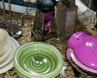 Partial Corelle set dishes, two green bowls & waffle maker