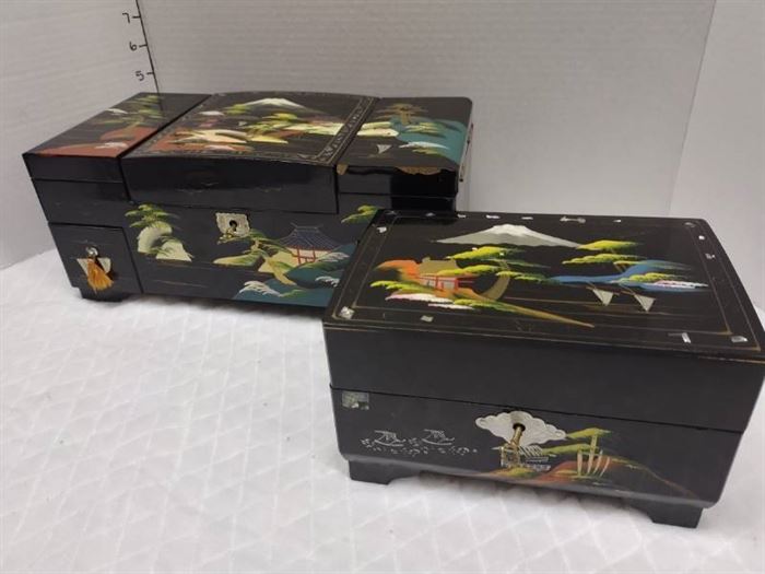 Vintage 1950s Japanese Hand Painted Lacquer Jewelry Boxes