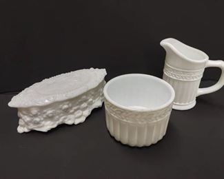 Fostoria Milk Glass Trinket Box with 1960s Milk Glass Creamer and Sugar Dishes