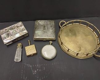 Vintage Inlaid Abalone Mother of Pearl Trinket Box with Assorted Items