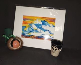Katie Sevigny Print with Hand Painted Eskimo Ornament and Alaska Shot Glass