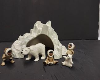 Ceramic Eskimo and Polar Bear Miniature Scene
