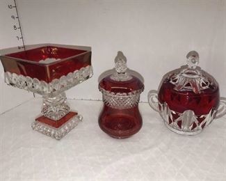 Westmoreland Ruby Flash Covered Candy Dish with Indiana Glass Diamond Point Dishes