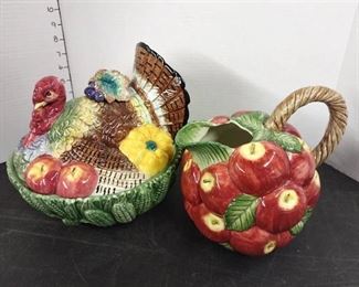 Fitz and Floyd Turkey 11 QT Covered Dish with Apple Pitcher