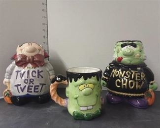 Vampire and Frankenstein Cookie Jars with Frankenstein Mug
