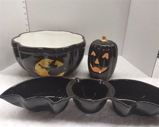 Certified International Halloween Bowl with Bat Chip and Dip Bowl and Light Up Pumpkin Decor