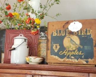 Vintage crates, enamelware