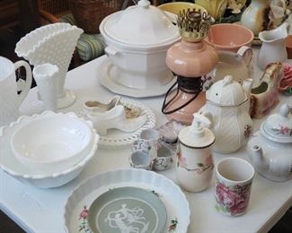 Milk glass, stoneware, teapots