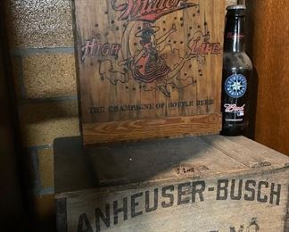 Miller High Life Sign, Anheuser-Busch Wooden Box 