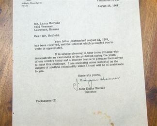 J Edgar Hoover Autographed Letter