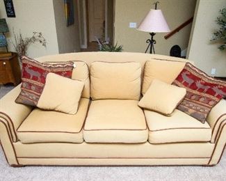 Ethan Allen Sofa in cotton canvas with basketweave leather trim details...perfect condition!