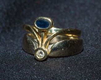 14K White & Yellow Gold Stacking Ring w/diamond & blue sapphire