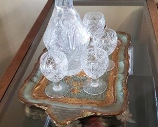Polish crystal decanter with snifters 
Serving plate from Italy 