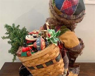 21” tall 12” wide holiday bear, coat/cape made from antique quilt