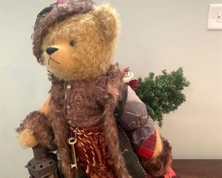 21” tall 12” wide holiday bear, coat/cape made from antique quilt