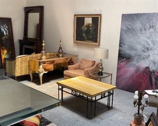 Designer marble veneer table. 1940 s Italian peach desk( one square broken)

Jet artist (pink and black) made with a Lear jet exact pouring a 5 gallon of paint and having the “ jet exhaust” blow the paint 50 yards.   Vonjurgen is the artist